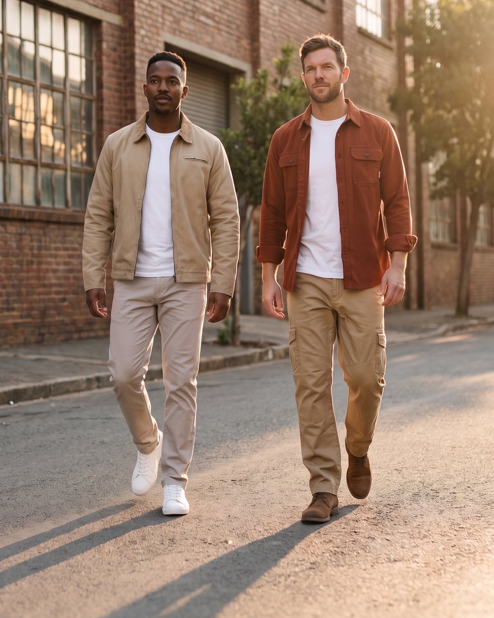 Two men in Teesav casual jackets and chinos walking down a city street