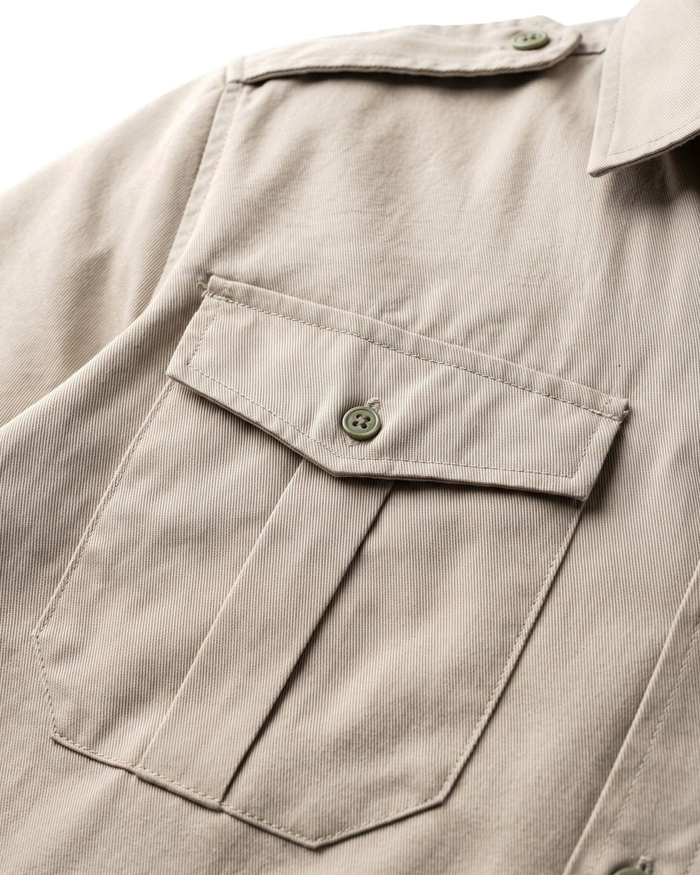 Close-up of the pocket and twill weave on a Teesav khaki bush shirt