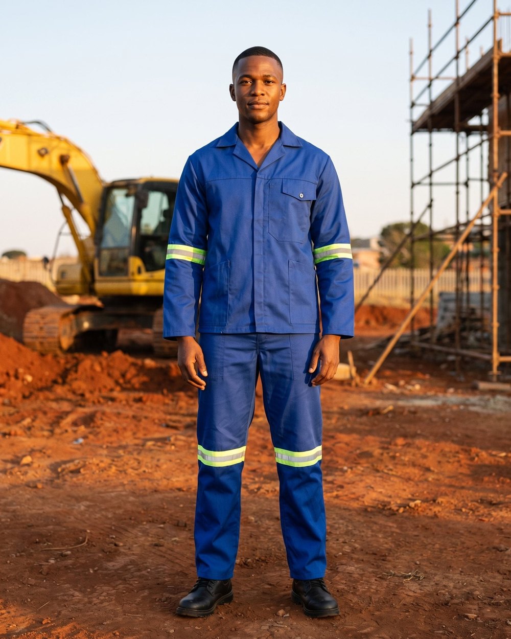 Man in a royal blue Teesav reflective conti suit on a building site