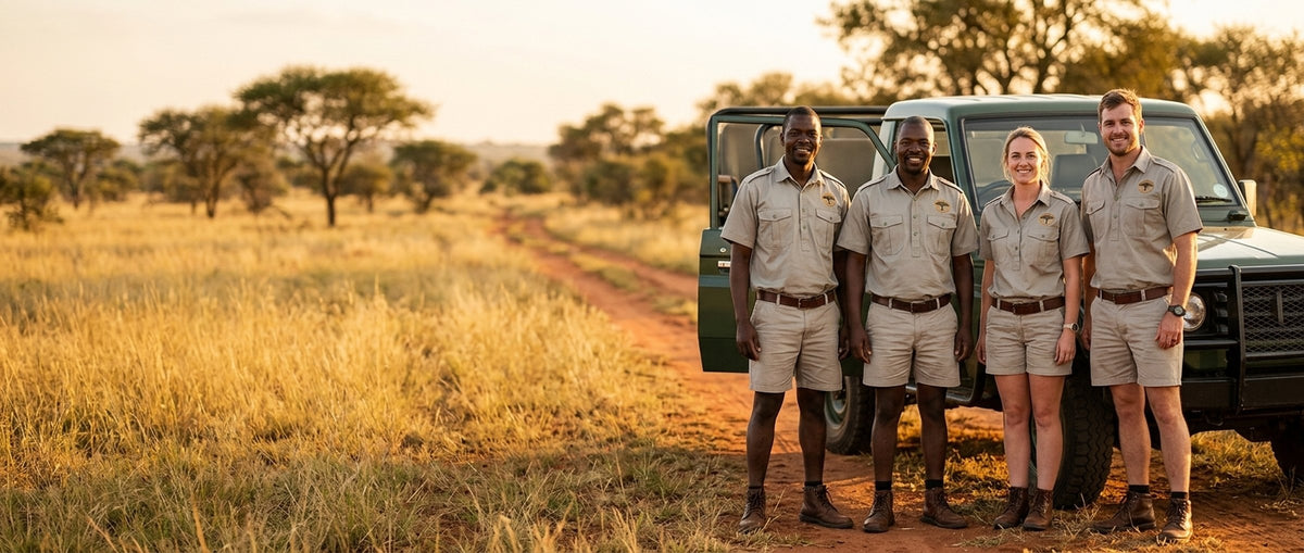 Teesav game rangers in khaki bush shirts and shorts beside a game vehicle in the bushveld
