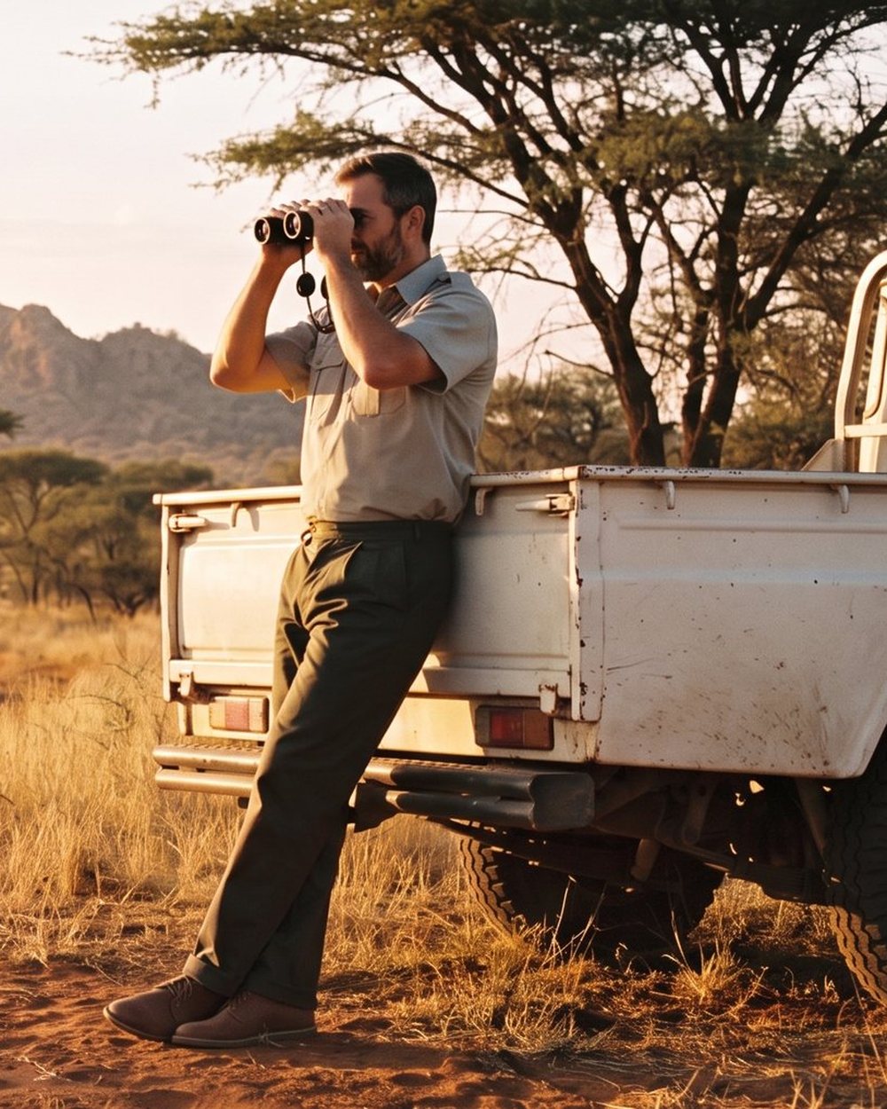 Man in Teesav bush wear leaning on a bakkie in the bushveld
