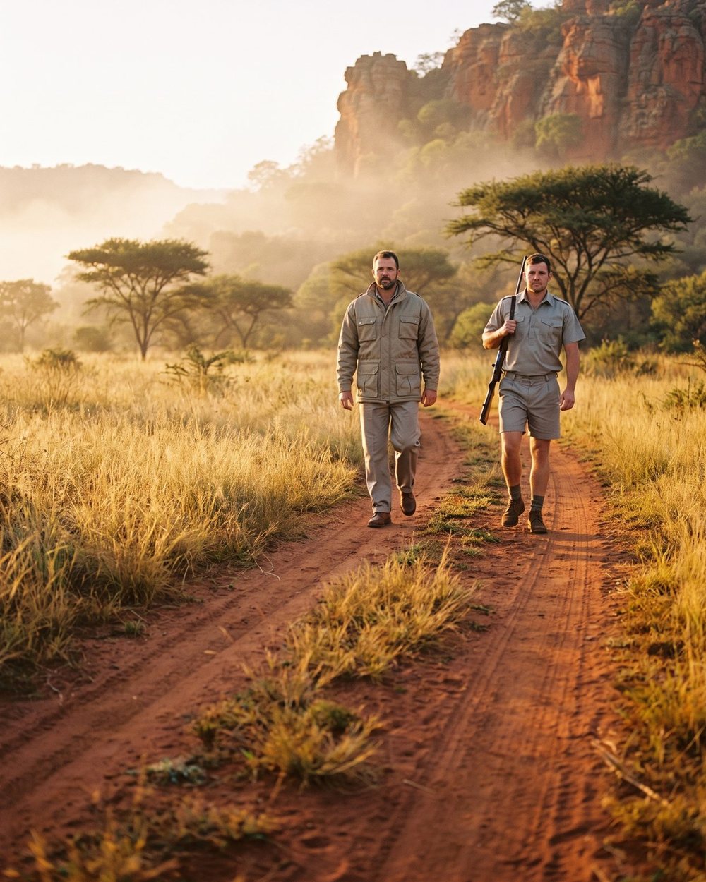 Two men in Teesav khaki walking a red dirt track in the bush
