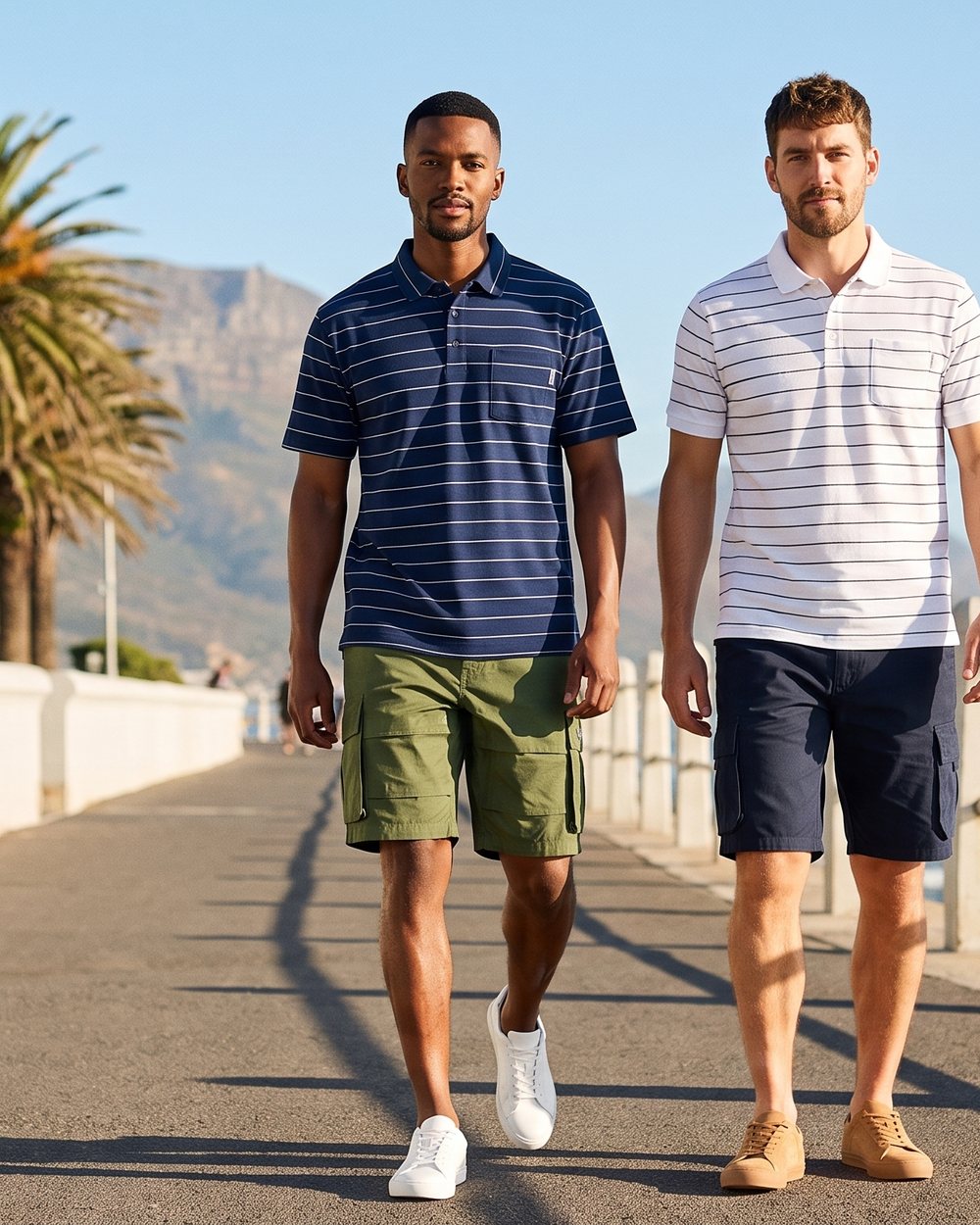 Two men in Teesav golfers and shorts walking along the seafront