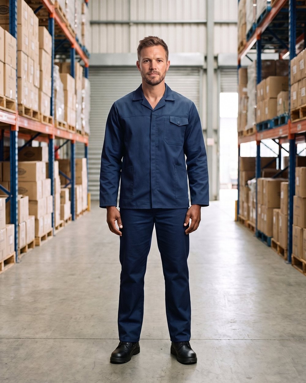 Man in a navy Teesav conti suit standing in a warehouse aisle