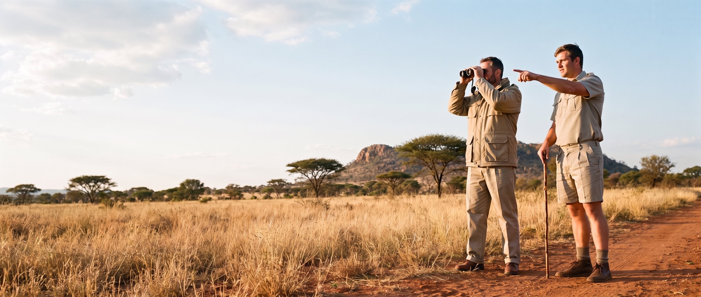 Two men in Teesav khaki bush jacket, bush shirt, trousers and shorts in the South African bushveld